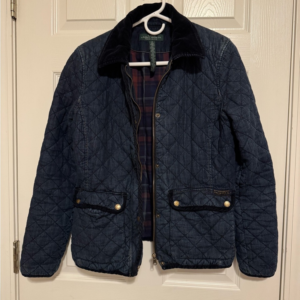 Ralph Lauren Dark Blue Denim Barn style Jacket with Plaid Lining.
